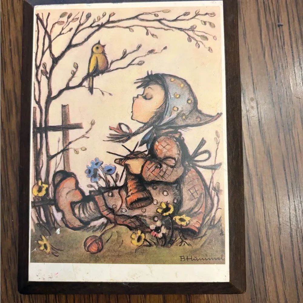 Hummel vintage small plaque Illustration with Brown and Yellow Accents